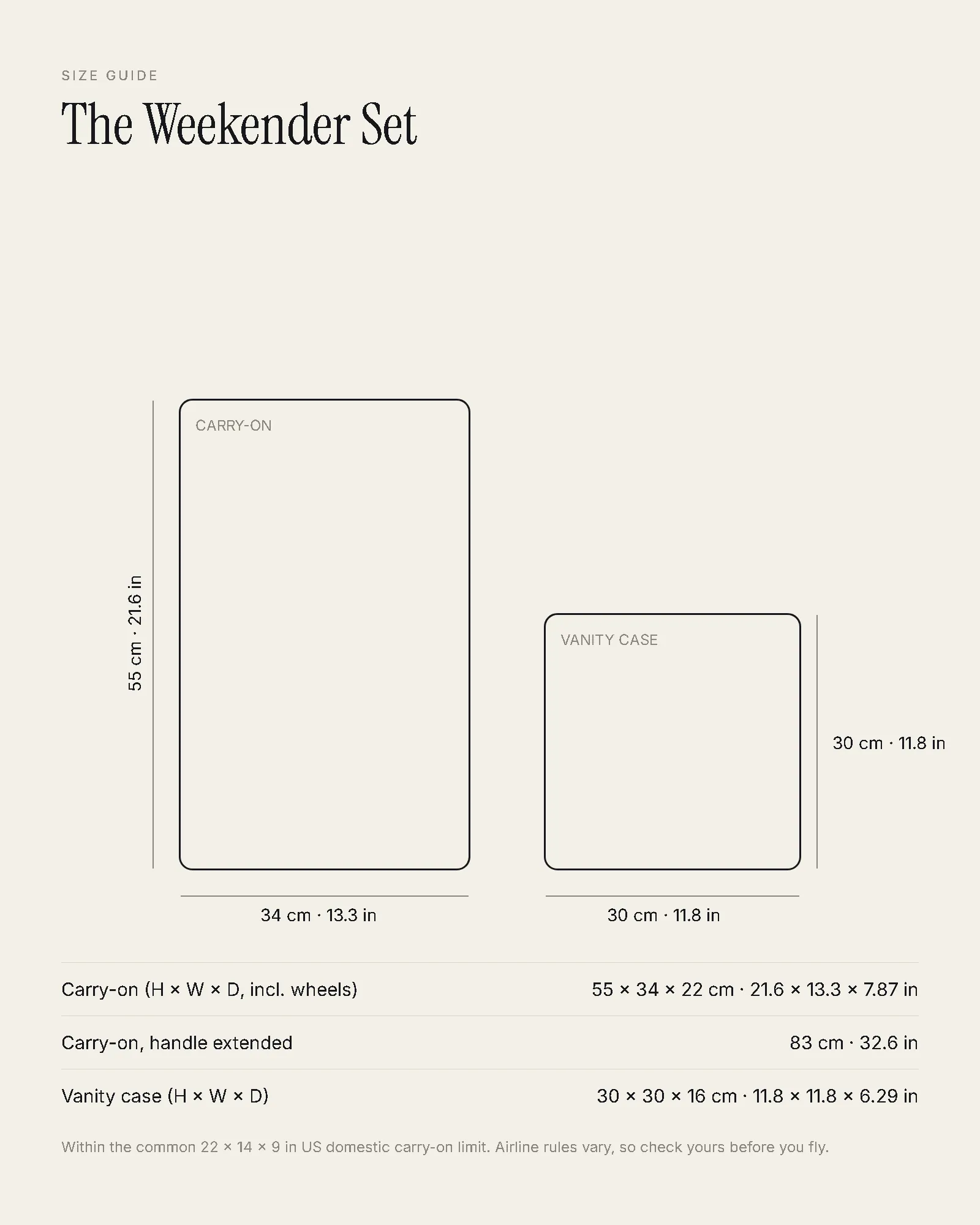 Size guide for The Weekender Set